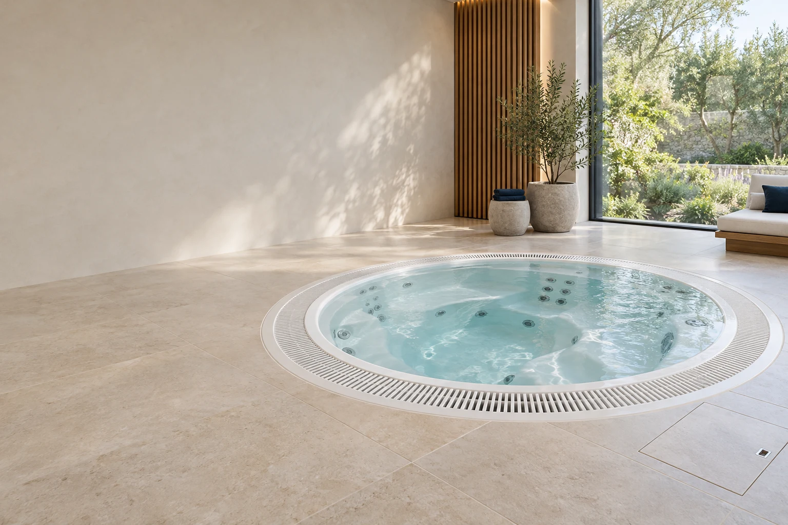 Иллюстрация встроенного переливного SPA с водосборной решёткой и свободным проходом